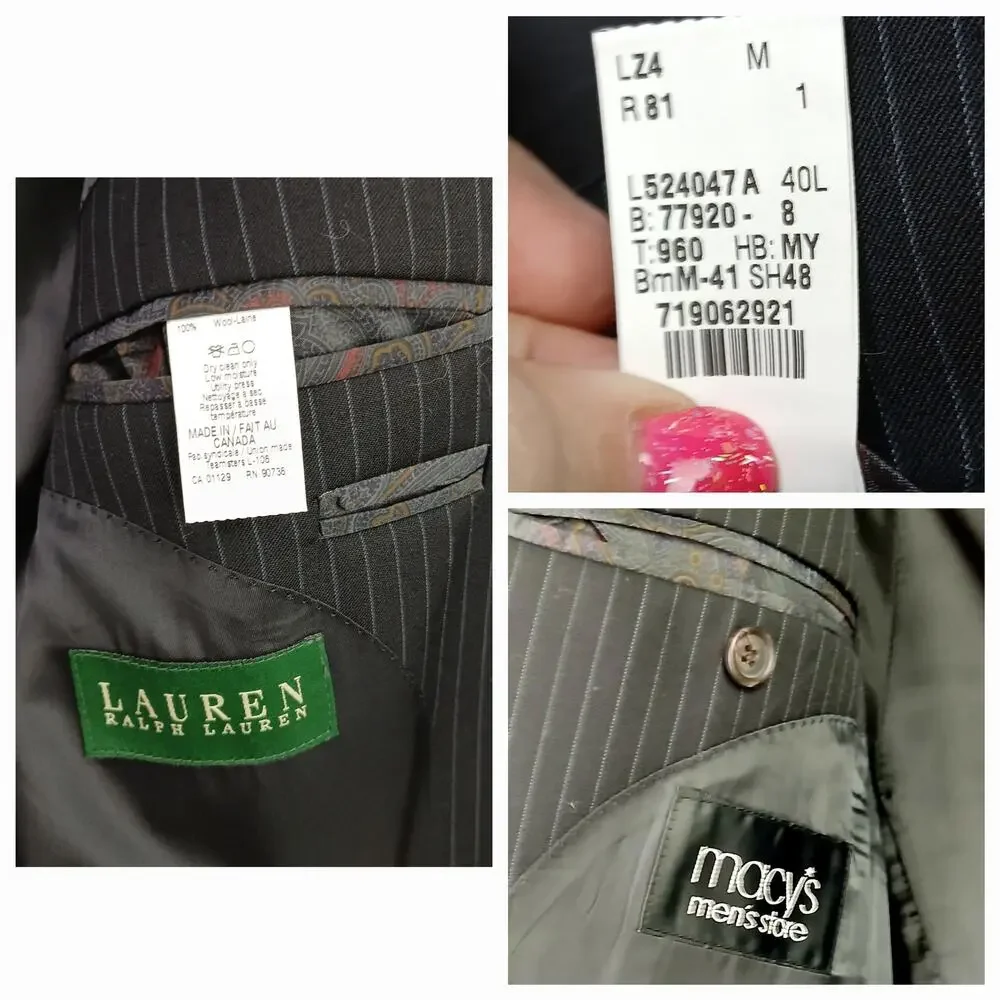 Lauren Ralph Lauren Mens SZ 40L 100% Wool Black Pinstriped 2 Button Blazer